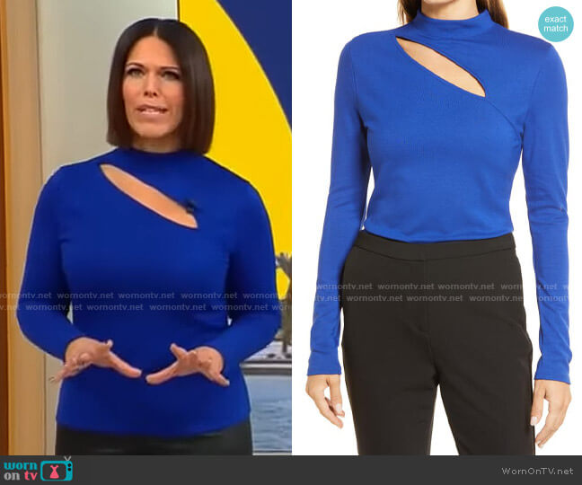 Halogen Cutout Mock Neck Knit Top in Cobalt worn by Dana Jacobson on CBS Mornings
