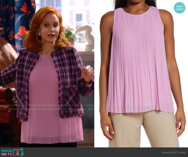 Halogen Sleeveless Pleated Georgette Top in Pink Gale worn by Sheila (Swoosie Kurtz) on Call Me Kat