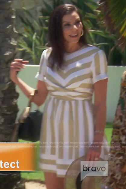 Heather’s beige stripe dress on The Real Housewives of Orange County