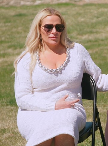 Heather’s white chain detail knit dress on The Real Housewives of Salt Lake City