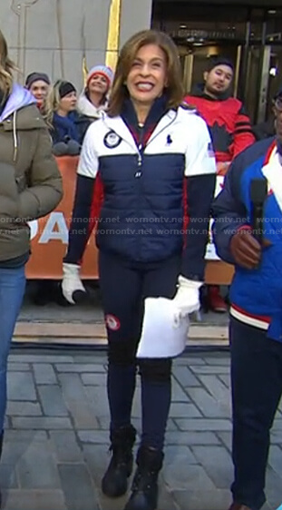 Hoda’s white and navy colorblock puffer jacket on Today