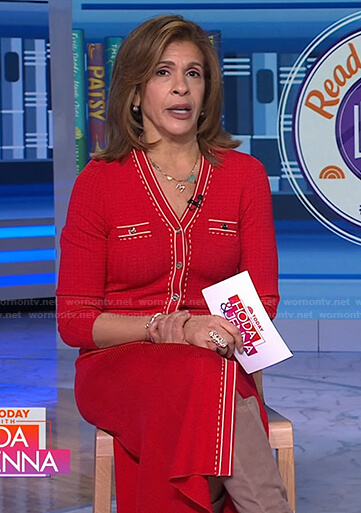 Hoda’s red contrast trim button front dress on Today