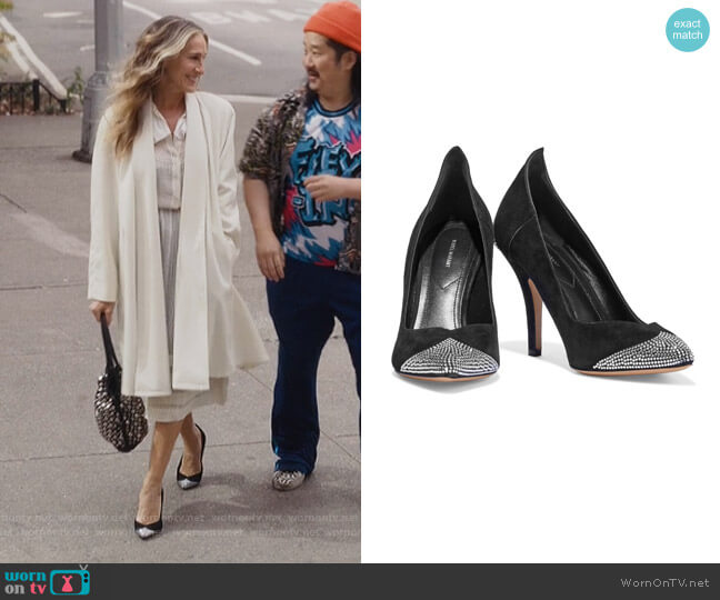 Isabel Marent Prasy crystal-embellished suede pumps worn by Carrie Bradshaw (Sarah Jessica Parker) on And Just Like That