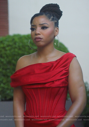 Jazlyn’s red satin off shoulder dress on Grown-ish