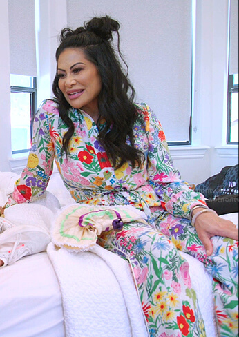 Jen’s white floral shirt and pants on The Real Housewives of Salt Lake City