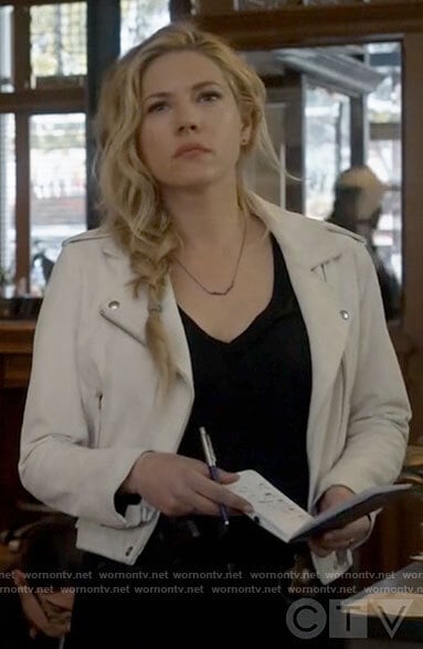 Jenny’s white leather moto jacket on Big Sky