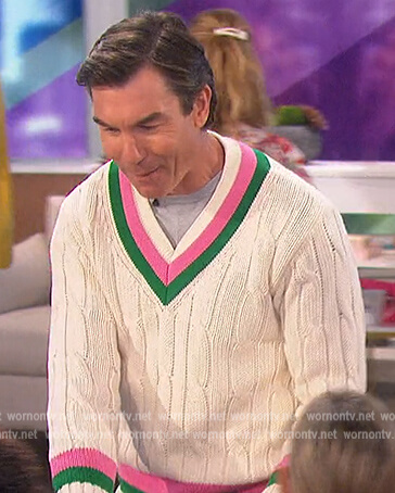 Jerry’s white cable knit stripe trim sweater on The Talk