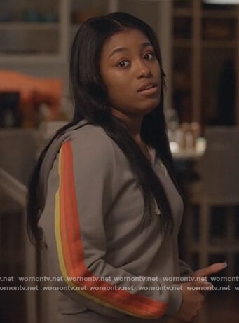 Jojo’s gray sleeve stripe hoodie on Queens