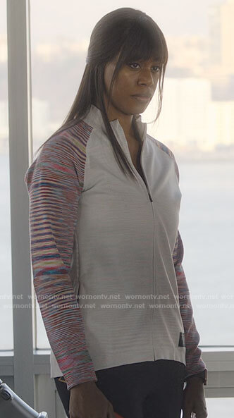 Kacy’s white jacket with pink sleeves on Inventing Anna