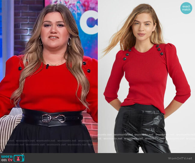 Karl Lagerfeld Puff Sleeve Sweater with Buttons worn by Kelly Clarkson on The Kelly Clarkson Show