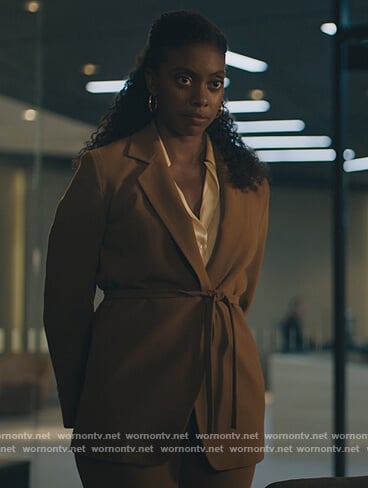 Kate’s beige tie waist blazer on Billions