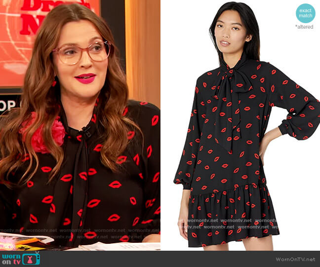 Kate Spade Kisses Tie-Neck Shift Dress worn by Drew Barrymore on The Drew Barrymore Show