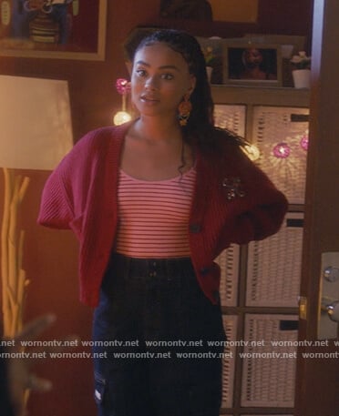 Kiela’s red embellished cardigan on Grown-ish