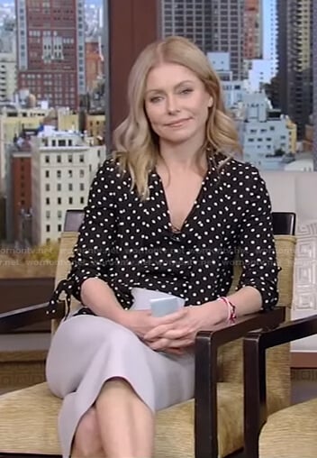 Kelly’s black polka dot blouse and pencil skirt on Live with Kelly and Ryan
