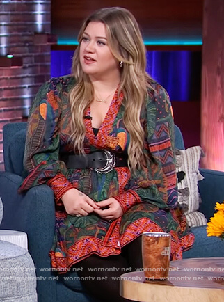 Kelly’s printed wrap mini dress on The Kelly Clarkson Show