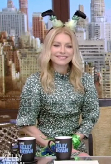 Kelly’s green printed mock neck dress on Live with Kelly and Ryan