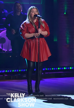 Kelly’s red leather tie waist dress on The Kelly Clarkson Show