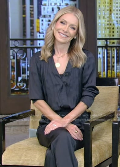 Kelly’s black satin jumpsuit on Live with Kelly and Ryan