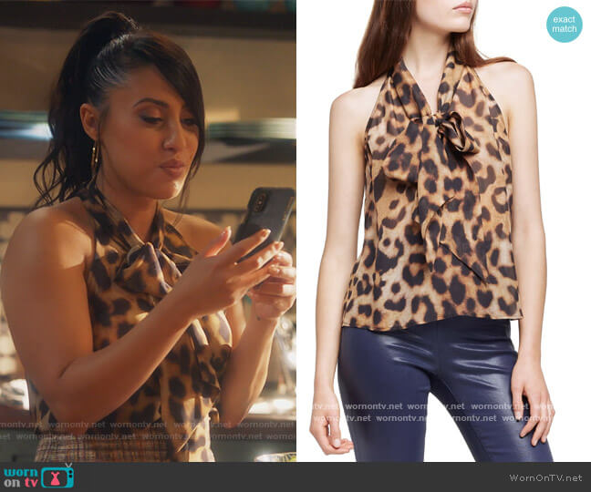 L'Agence Rumi Animal Print Tie Neck Silk Blouse worn by Ana Torres (Francia Raisa) on Grown-ish