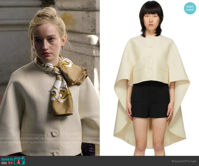 Lanvin Off-White Asymmetric Cape Jacket worn by Anna Delvey (Julia Garner) on Inventing Anna