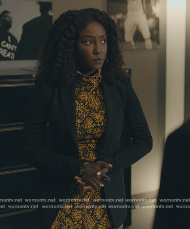 Lauren’s yellow snakeskin print dress on Billions