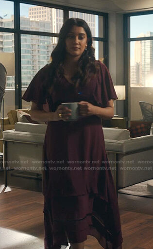 Leela’s burgundy v-neck midi dress on The Resident