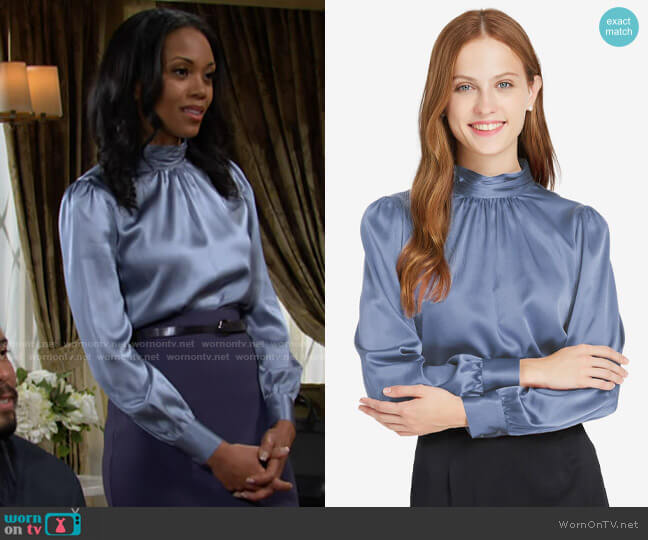 Lily Silk Retro Style Silk Blouse in Azure worn by Amanda Sinclair (Mishael Morgan) on The Young and the Restless