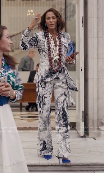 Lisa’s black and white printed suit on And Just Like That