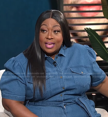 Loni’s puff sleeve denim jumpsuit on E! News Daily Pop