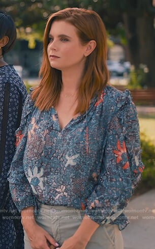 Maddie’s blue floral print tie neck blouse on Sweet Magnolias