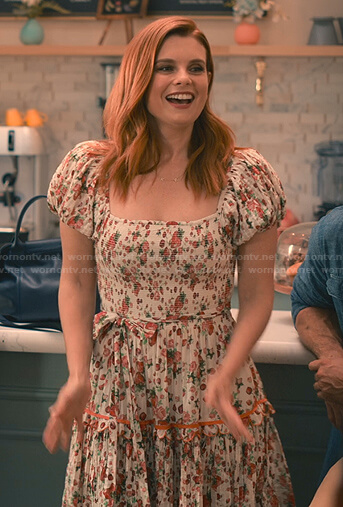 Maddie’s white strawberry print dress on Sweet Magnolias