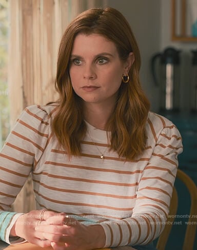 Maddie’s white stripe baseball tee on Sweet Magnolias