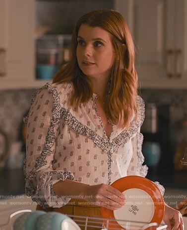 Maddie’s white printed ruffle blouse on Sweet Magnolias