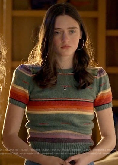 Madison’s green striped short sleeve sweater on Big Sky