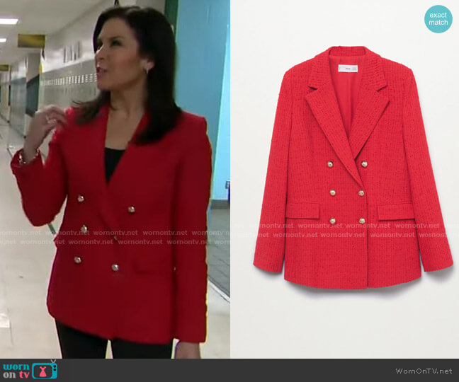 Mango Buttons tweed blazer worn by Meg Oliver on CBS Mornings