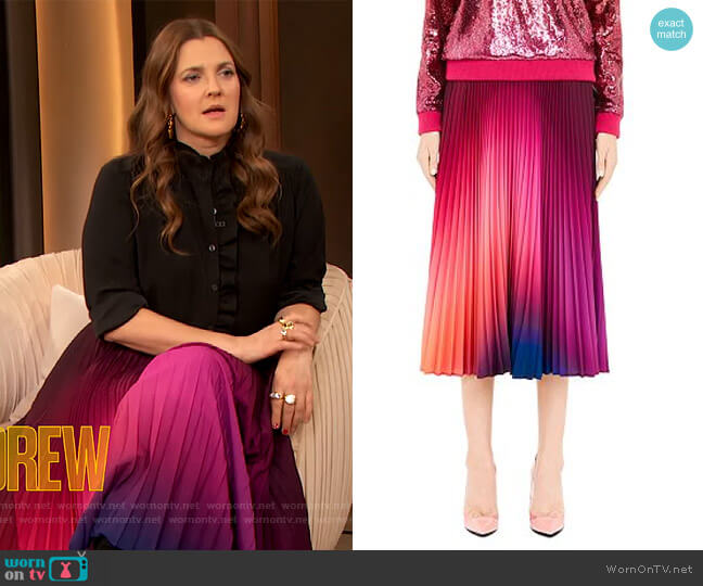 Mary Katrantzou Uni Pleated Ombre Midi Skirt worn by Drew Barrymore on The Drew Barrymore Show