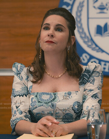 Mary’s blue and white floral square neck dress on Sweet Magnolias