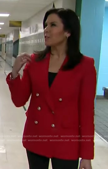 Meg Oliver’s red blazer with gold buttons on CBS Mornings