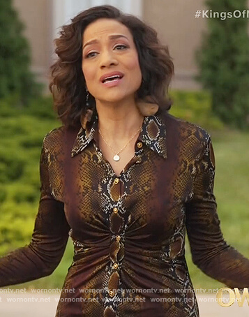 Melanie’s brown gathered snake skin print dress on The Kings of Napa