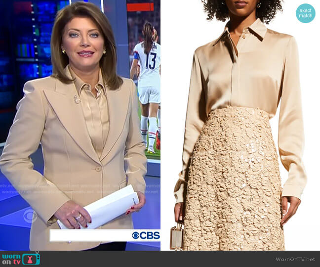 Michael Kors Hansen Collared Techno Charmeuse Shirt worn by Norah O'Donnell on CBS Evening News