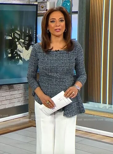 Michelle Miller’s plaid asymmetric peplum top on CBS Mornings