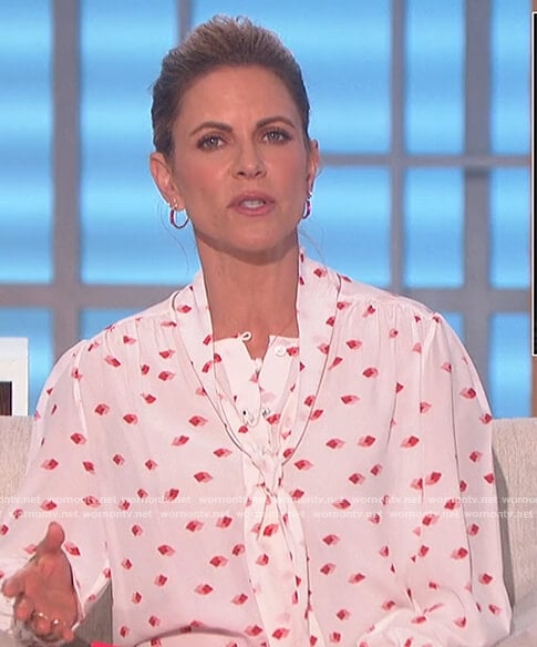 Natalie’s white lip print tie neck blouse on The Talk