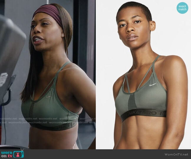 Nike Pro Aeroadapt Indy Sports Bra In Juniper Fog worn by Kacy Duke (Laverne Cox) on Inventing Anna