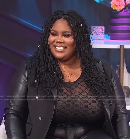 Nina’s black leather blazer on E! News Nightly Pop