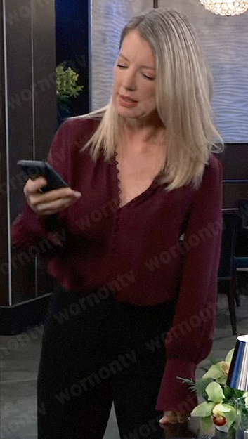 Nina’s burgundy button down blouse on General Hospital