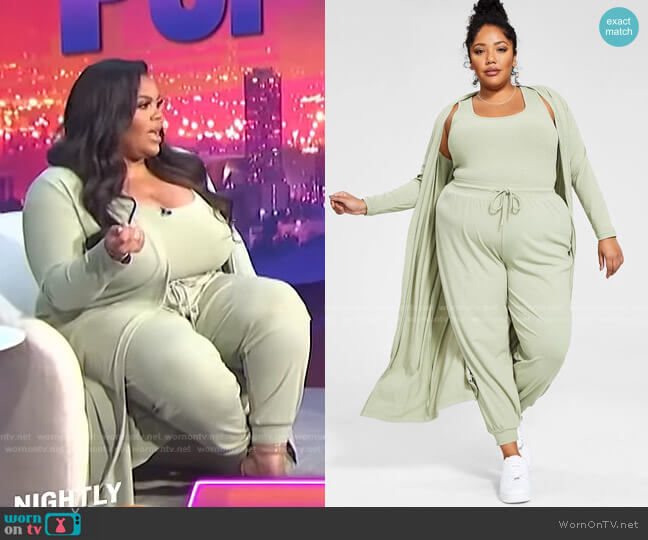 Nina Parker Trendy Plus Size Ribbed Knit Duster in Tea worn by Nina Parker on E! News