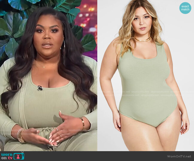Nina Parker Trendy Plus Size Sleeveless Ribbed Knit Bodysuit in Tea worn by Nina Parker on E! News