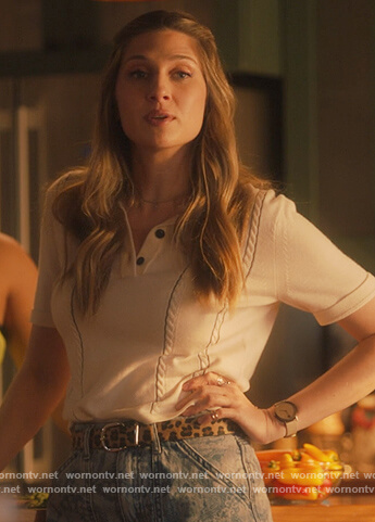 Nomi’s white cable knit polo on Grown-ish