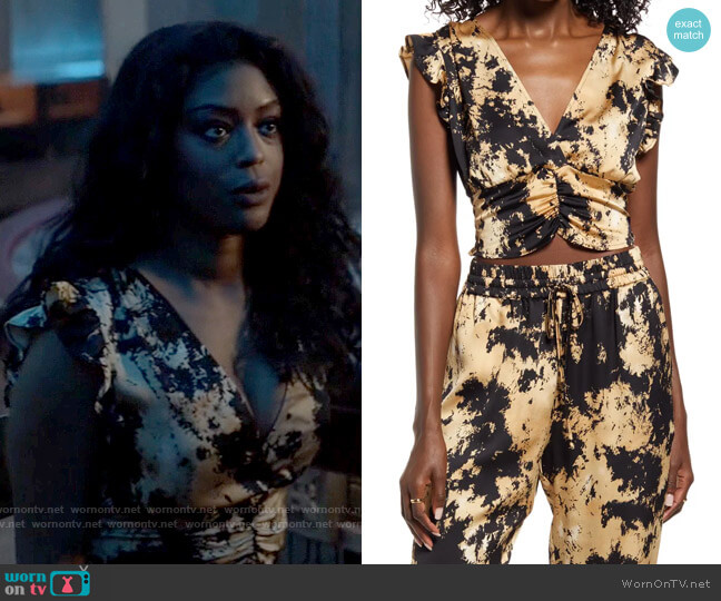 Open Edit Ruffle Ruched Satin Crop Top in Tan Black Abstract Paint worn by Ryan Wilder (Javicia Leslie) on Batwoman
