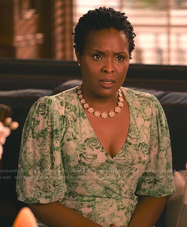Peggy’s green floral wrap dress on Sweet Magnolias